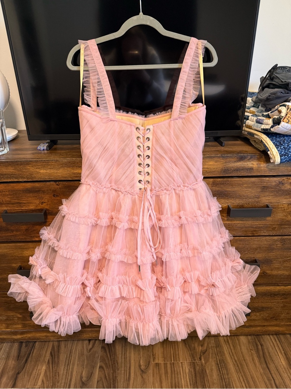 Milla flirty ruffled tulle mini dress in misty rose - Picture 2 of 6